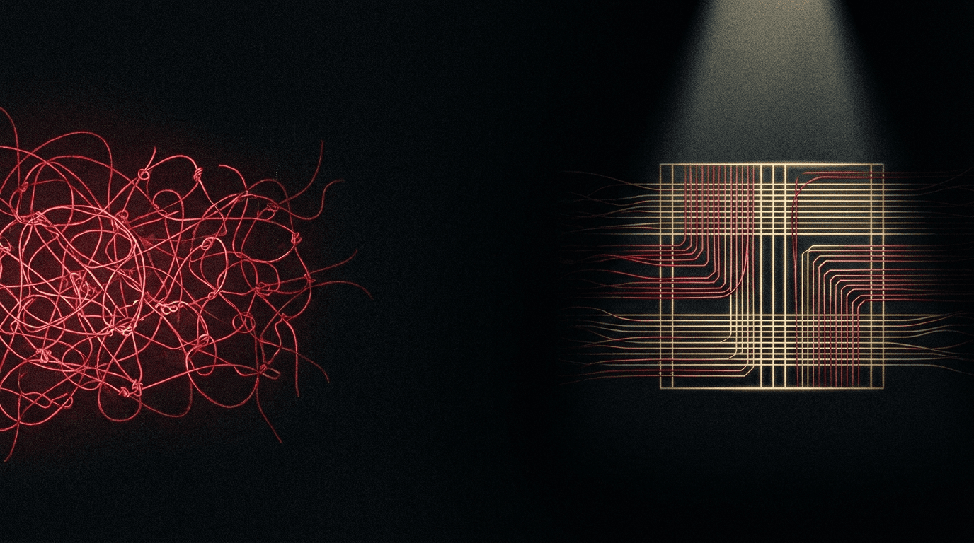 A tangled mass of red wires resolving into an ordered gold circuit grid