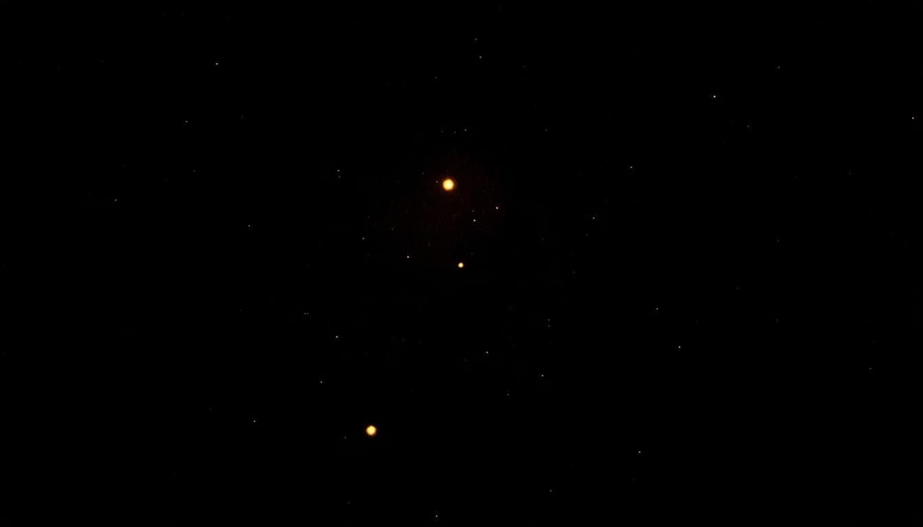 A dark star field with two glowing amber points close together near the center and one isolated point far below