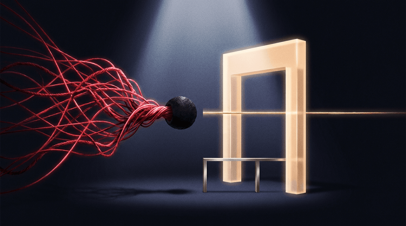 Tangled red wires converging into a knot at a glowing gold gateway shaped like the Next.js logo, with a single clean gold thread passing straight through it