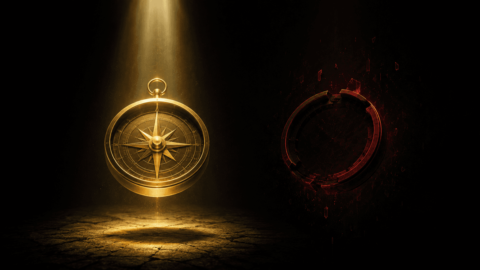 A complete, glowing gold compass on the left beside a broken, incomplete red ring missing pieces on the right