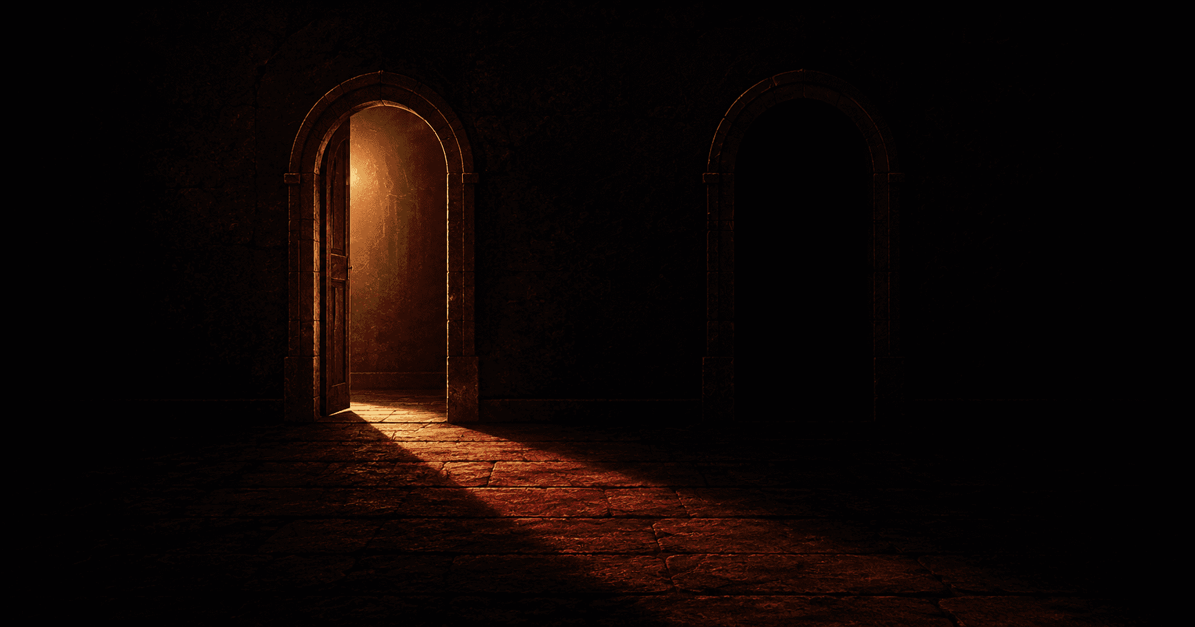 Two matching stone archways in a dark room — one open and glowing gold with light spilling across the floor, the other closed and dark