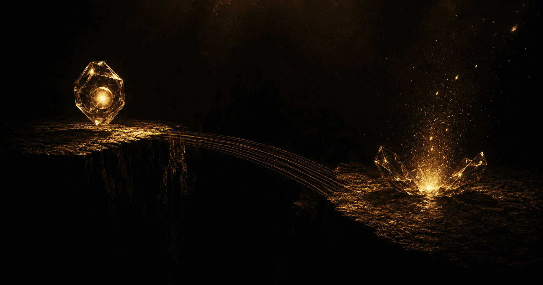 A glowing crystal on one cliff sending threads of light across a dark chasm to a crystal formation on a distant cliff