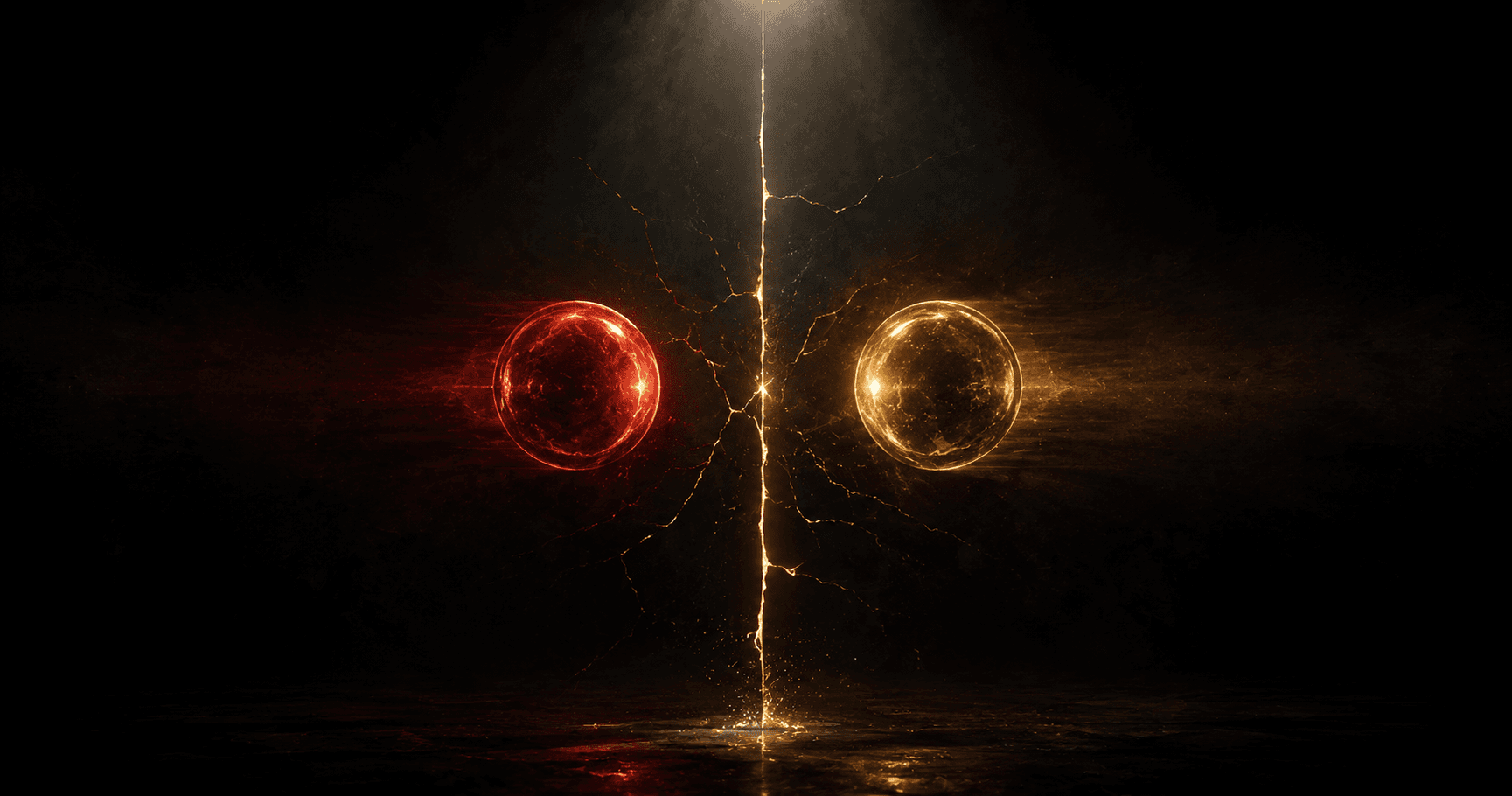 Two glowing orbs, one crimson and one gold, facing each other and connected by a single crackling vertical thread of light