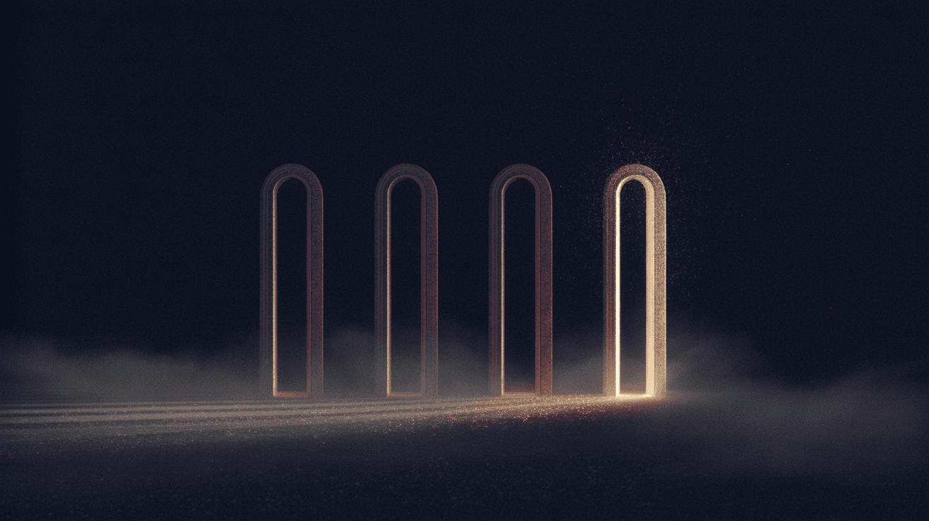 Four identical stone archways in a row, three dim and crimson-tinted, the fourth fully lit and glowing gold-white