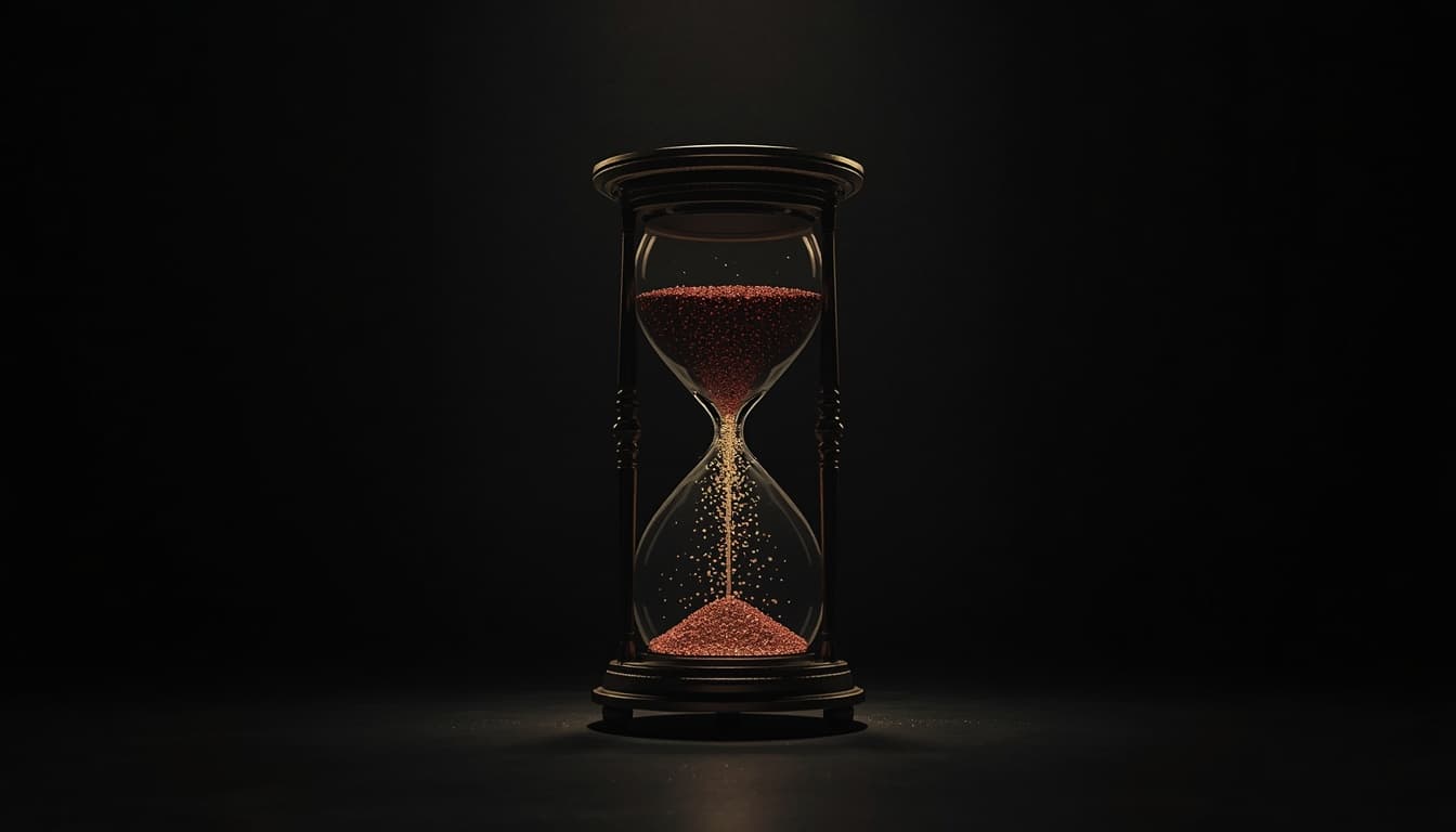 A dark hourglass with crimson sand in the top chamber falling as gold sand into the bottom chamber