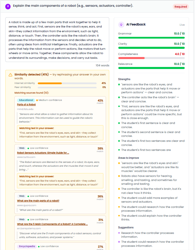 SmartLMS answer editor with a live AI feedback panel scoring grammar, clarity, completeness and relevance, alongside similarity detection