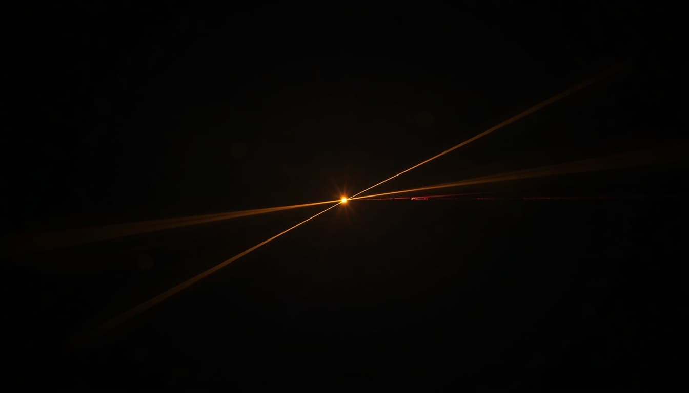 Glowing amber light rays fanning out from a single bright point of origin at different angles against a black background