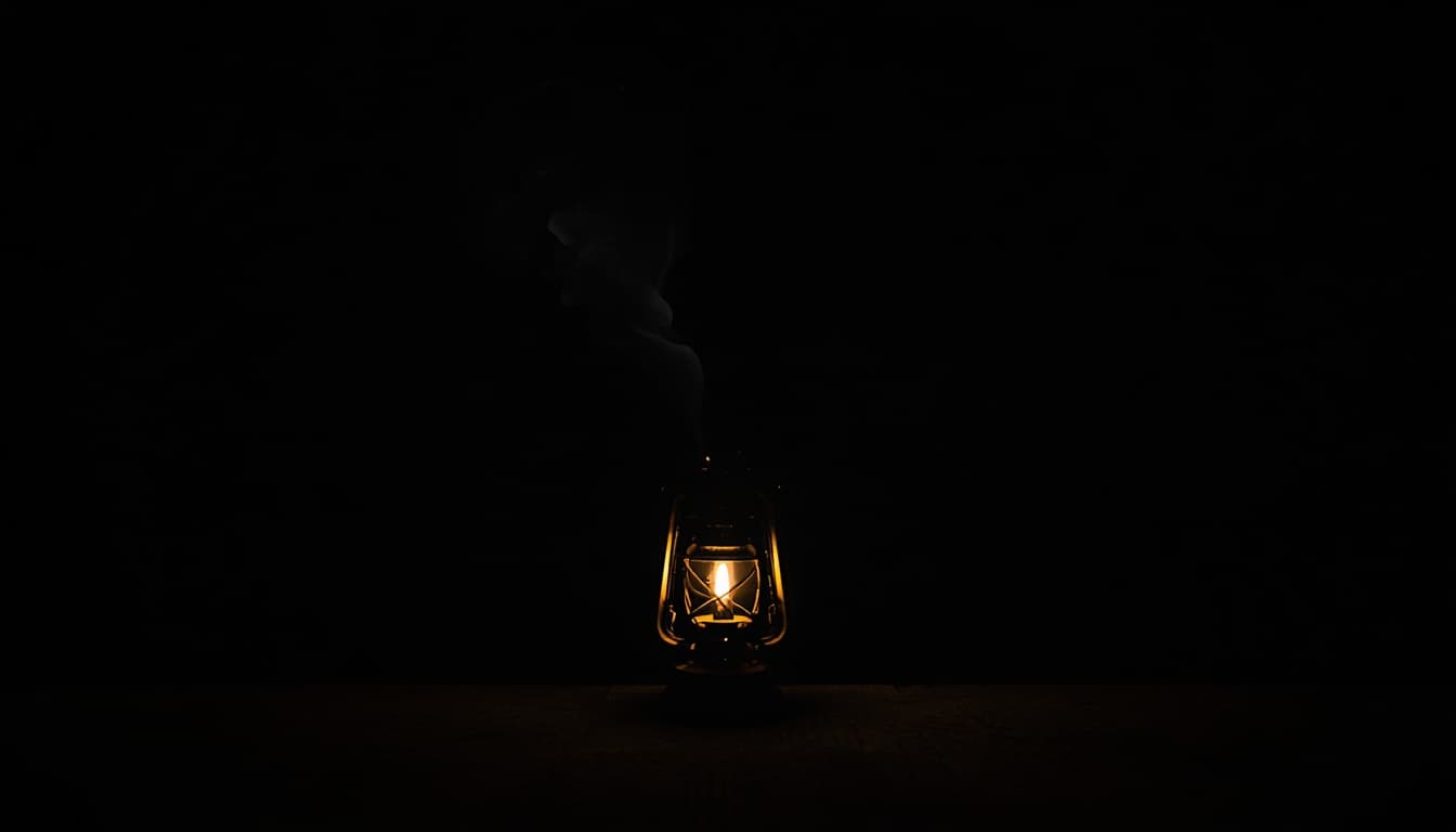 A small oil lantern glowing in near-total darkness, its light reaching only a short distance around it