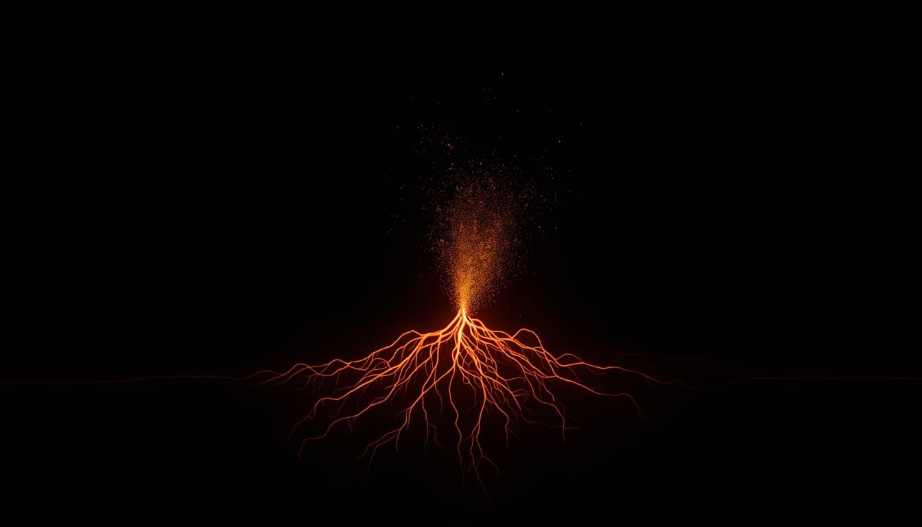 A glowing amber root system branching upward into a single trunk against total darkness