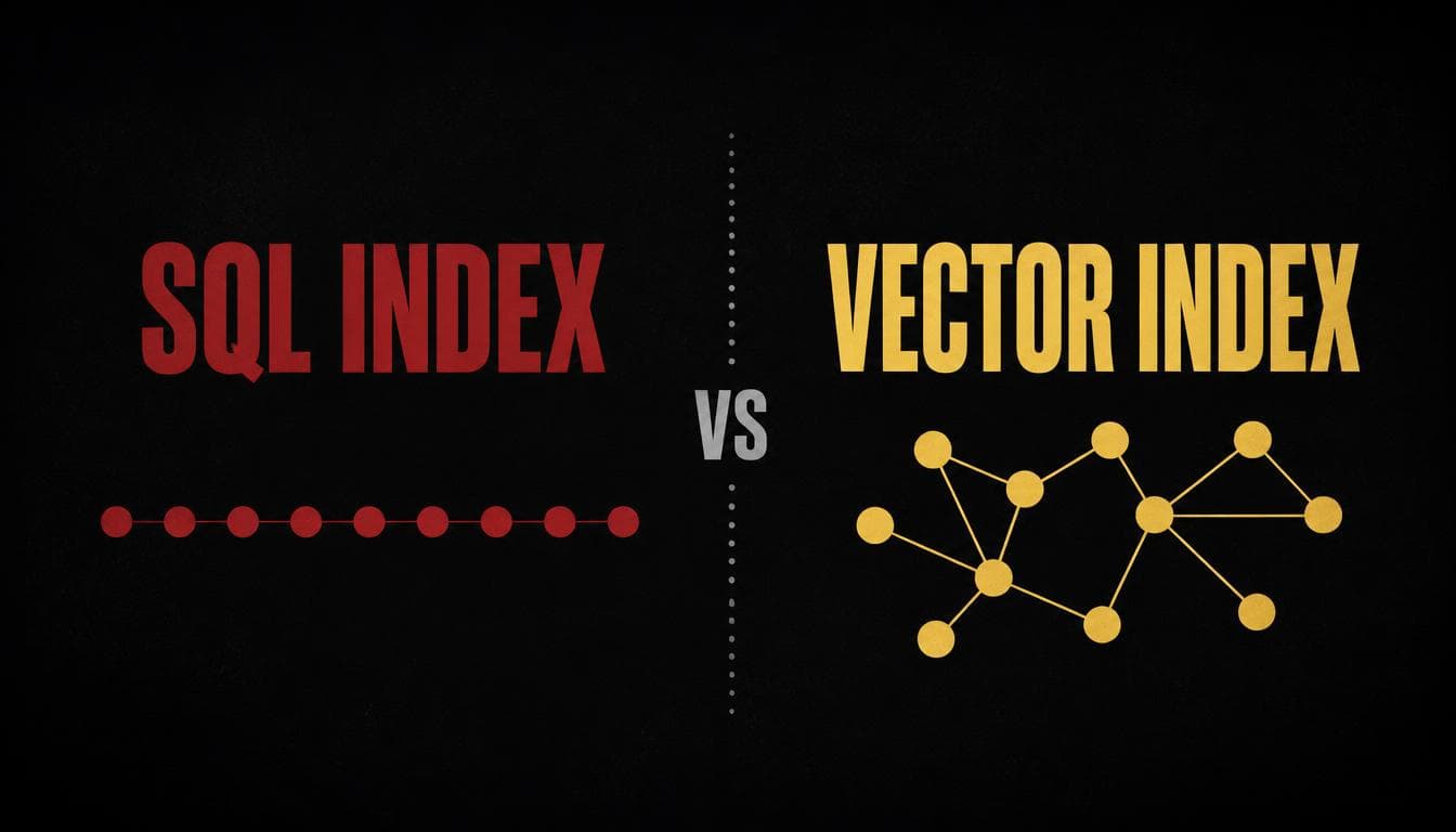 Split graphic reading SQL Index vs Vector Index, a crimson row of dots on a single sorted line beside a gold interconnected graph of nodes