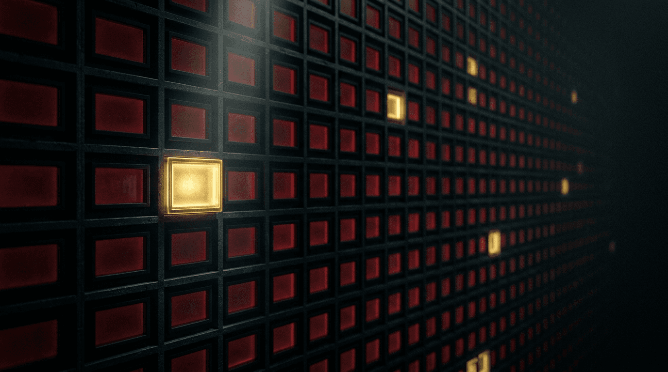 A grid of dark red cells receding into the distance with a few glowing gold cells lit up, evoking fresh rows in a lookup table